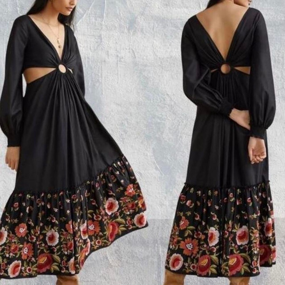Anthropologie Cut-Out Maxi Dress Tiered Embroidered Sleeves Cotton India Black